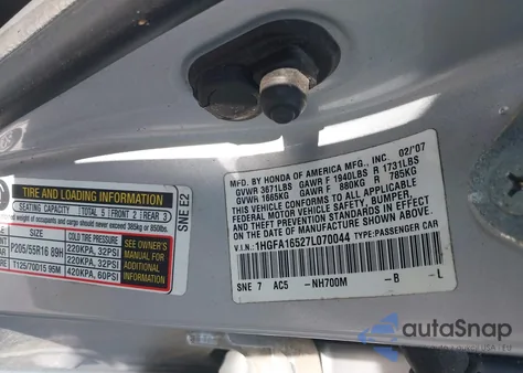 2007 Honda Civic Lx from USA, damaged, VIN 1HGFA16527L070044